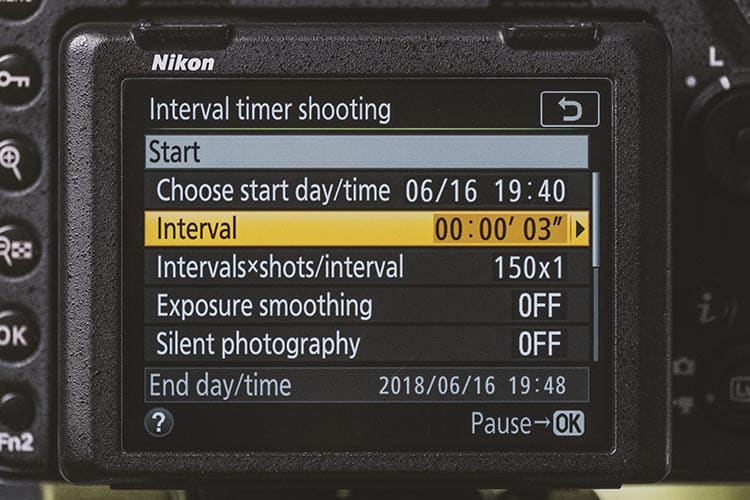 Nikon D850 menu timelapse settings