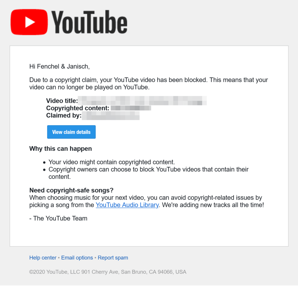 YouTube copyright claim video blocked with royalty free music