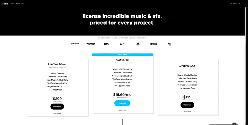 Audiio music and SFX prices and different plans