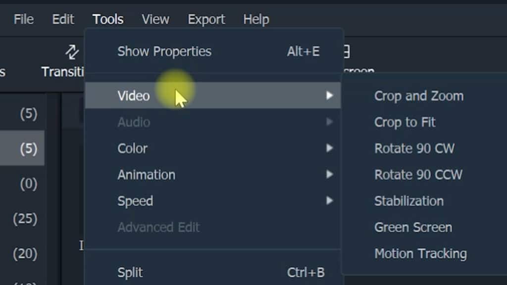 Filmora X effects and tools in the drop down menu