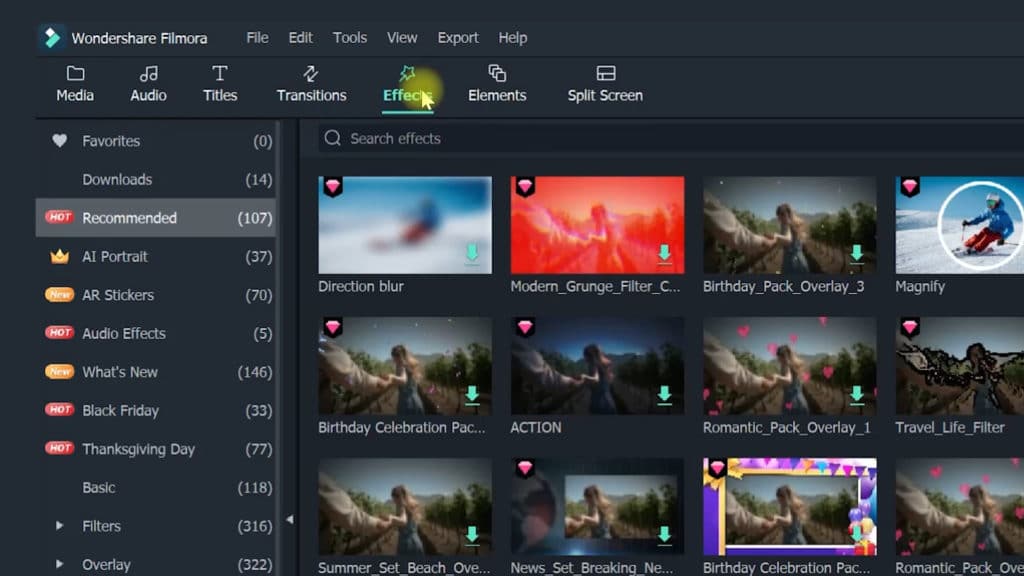Filmora X media library and effects overview